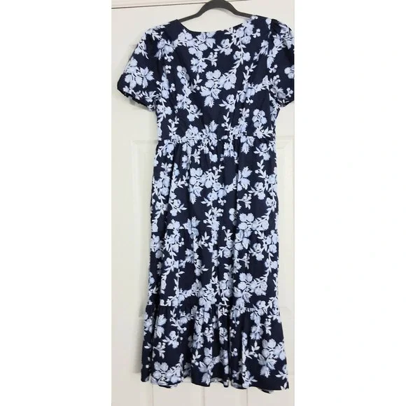 J Crew Midi Dress Size 14 Blue Floral Tiered Puff Sleeve Side Zip Cottagecore - Picture 2 of 13